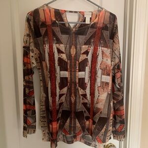 Chico's Abstract Long Sleeve Brown, Tan and Orange Top Size 1